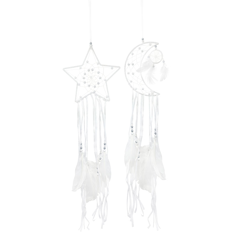 Set of 2 Large White Fabric Dreamcatcher Crescent Moon & Star Hanging Decorations