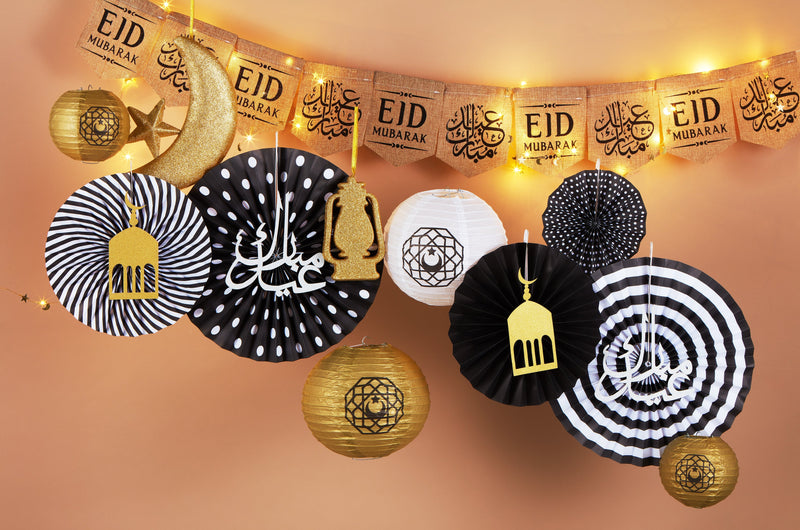 English & Arabic Hessian Bunting, Black & Gold Paper Fans + White & Gold Eid Balloons Decoration SET 4