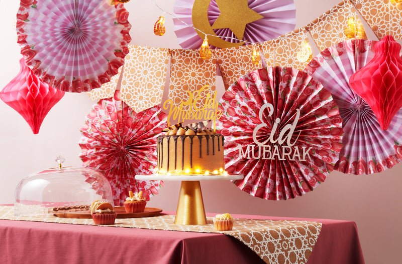 Floral Paper Fans & Rose Gold Foil Eid Mubarak Balloons Decorations Set