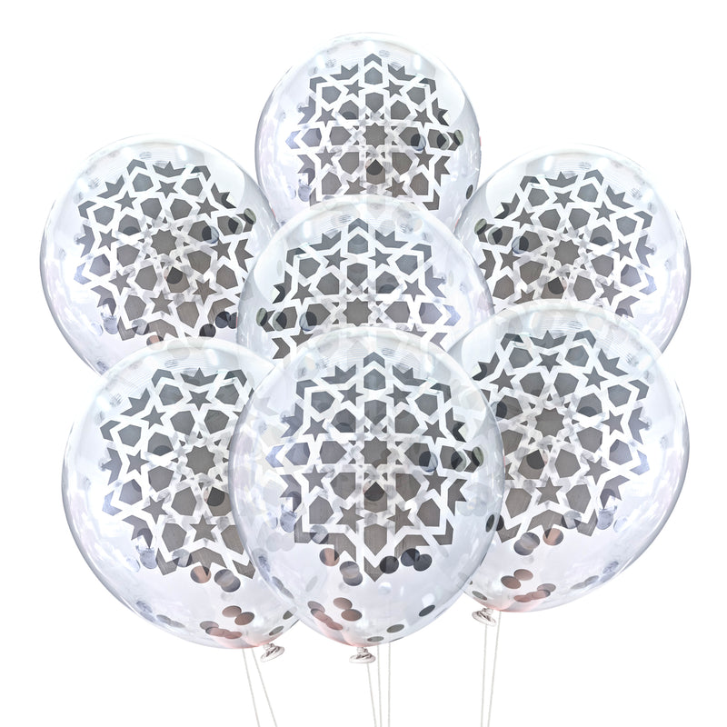 Geometric Silver Eid Mubarak Confetti Latex Party Balloons (12 Pack)