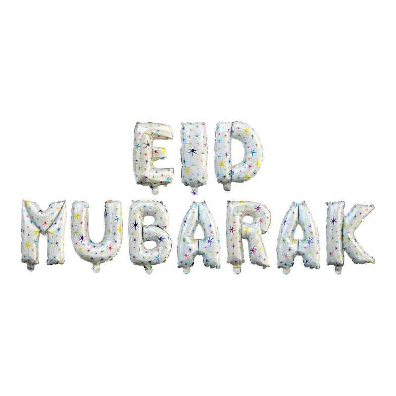 Pastel Paper Fans & Star Pattern Eid Mubarak Balloons & 12 Teal & White Balloons