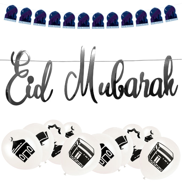 Blue, Silver & White Eid Mubarak Bunting & Balloon Set 28/21