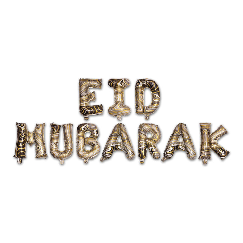 Black & Gold Ornate 'Eid Mubarak' Bunting, Half-Fan Garland, Balloons & Foil Balloon Set (Set 22-1)