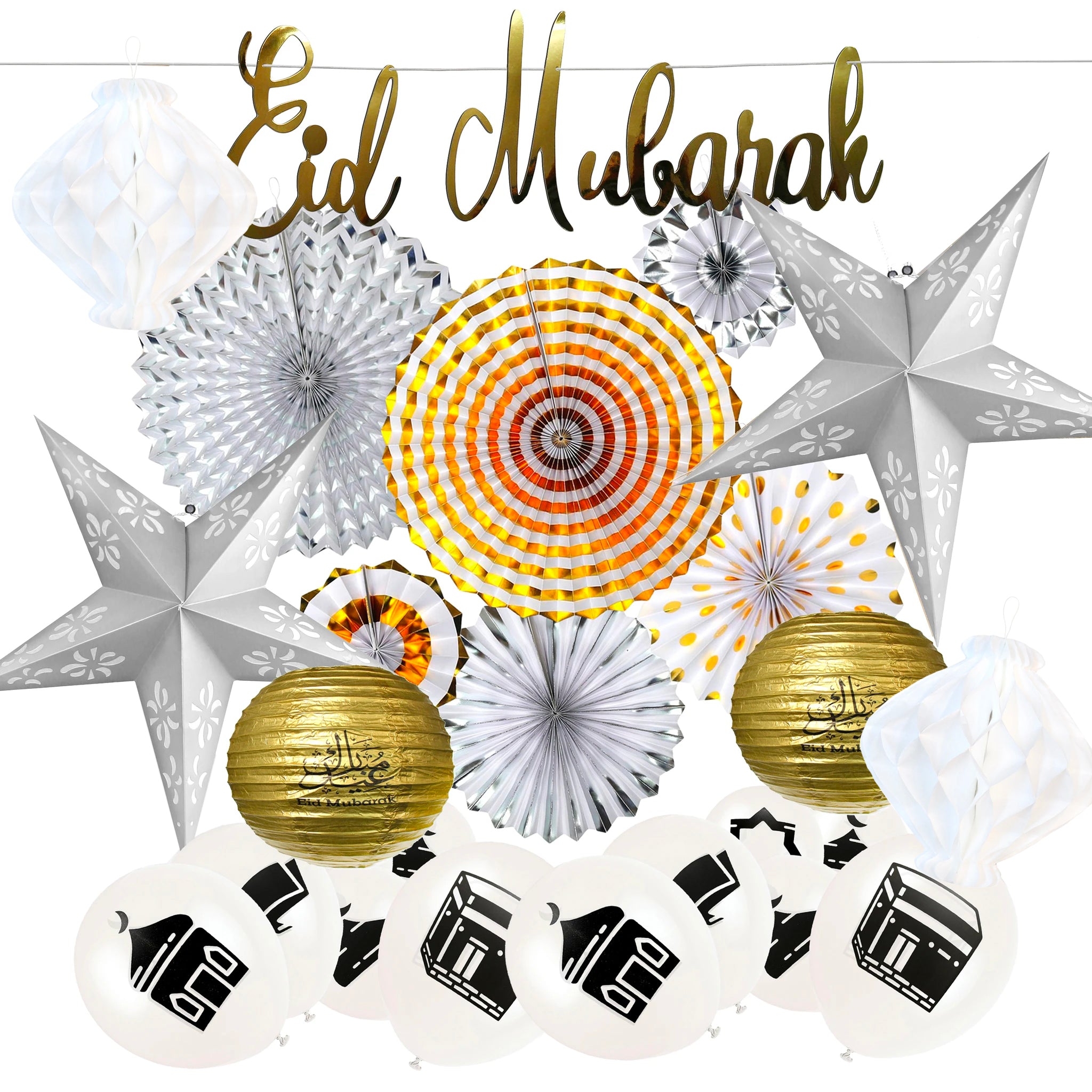 Gold Cut Out Bunting, Silver & Gold Paper Fans, Gold Paper Lanterns, W