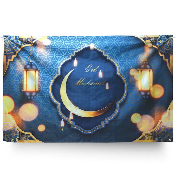 Blue & Gold Eid Mubarak Hanging Lantern Ripstop Backdrop w/ Hanging String (170cm x 110cm)