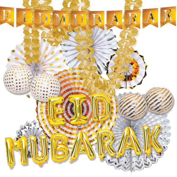 Gold 'Eid Mubarak' Foil Balloons, Card Bunting, Paper Lanterns, Garland & Fans Set (Set 23-25)