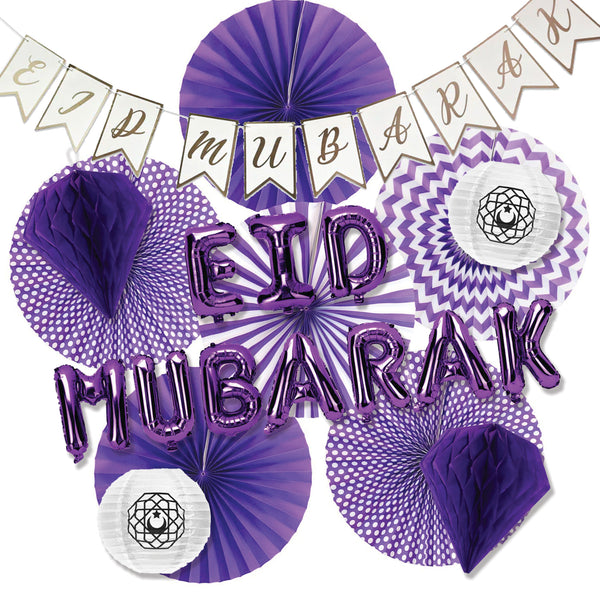 Purple 'Eid Mubarak' Foil Balloons, Card Bunting, Paper Lanterns, Honeycombs & Fans Set (Set 23-26)