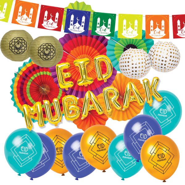 Gold 'Eid Mubarak' Foil Balloons, Card Bunting, Latex Balloons, Lanterns & Fans Set (Set 23-7)