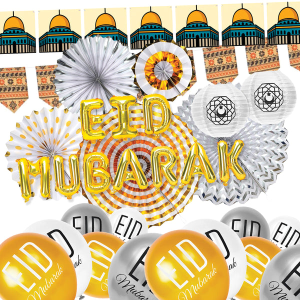 Gold 'Eid Mubarak' Foil Balloons, Hessian & Card Bunting, Latex Balloons, Lanterns & Fans Set (Set 23-17)