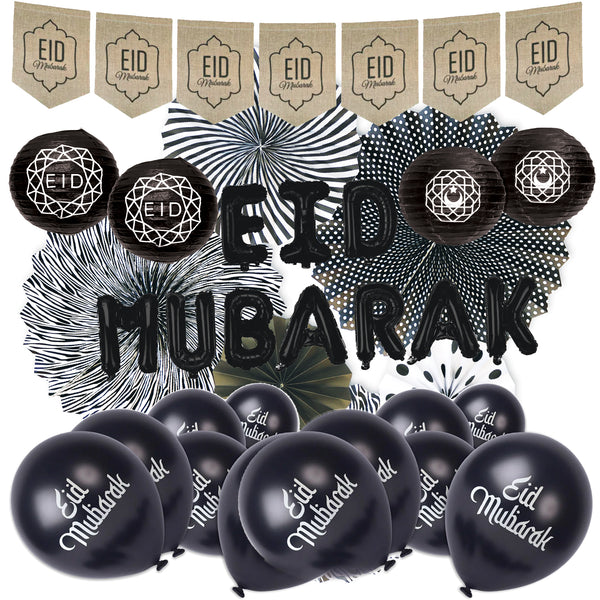 Black 'Eid Mubarak' Foil Balloons, Hessian Bunting, Latex Balloons, Lanterns & Fans Set (Set 23-19)