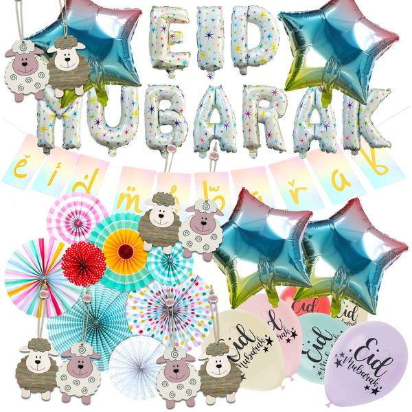 Eid Mubarak Star Foil Balloons, 4x Foil Star Balloons, Pastel Bunting, Pastel Balloons, Colourful Paper Fans & Wooden Hanging Sheep Eid al-Adha Decorations