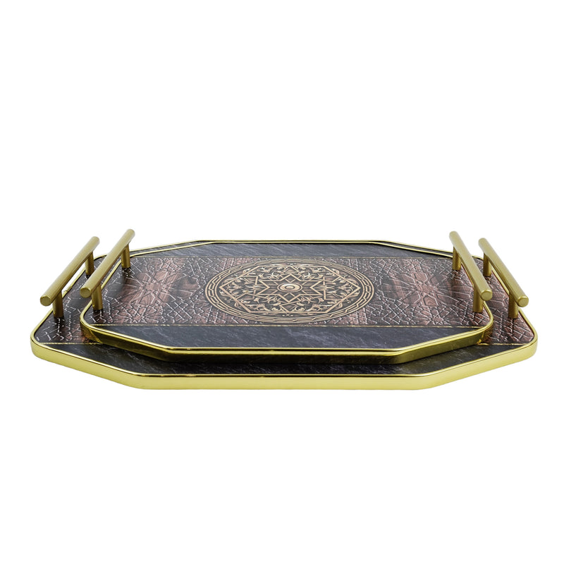 Octagonal Flat Trays with Gold Handles - 2pc Set (0613-2)