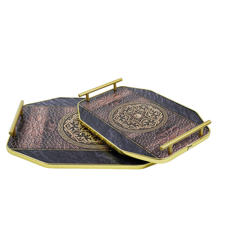 Octagonal Flat Trays with Gold Handles - 2pc Set (0613-2)
