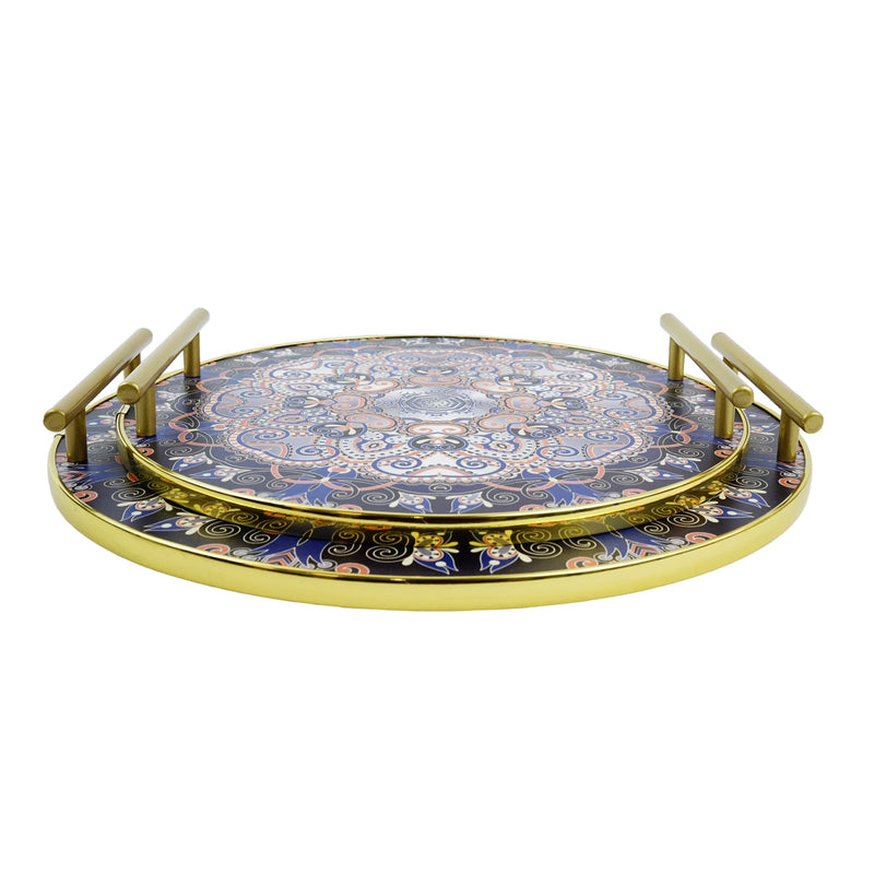 Round Blue Flat Trays with Gold Handles - 2pc Set (0613-9)