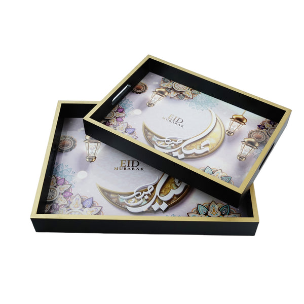 Set of 2 Black & Gold EID MUBARAK Wooden Iftar Tray Set (0769-2)