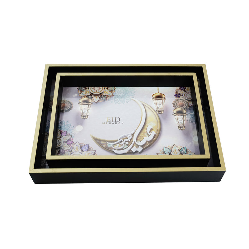 Set of 2 Black & Gold EID MUBARAK Wooden Iftar Tray Set (0769-2)