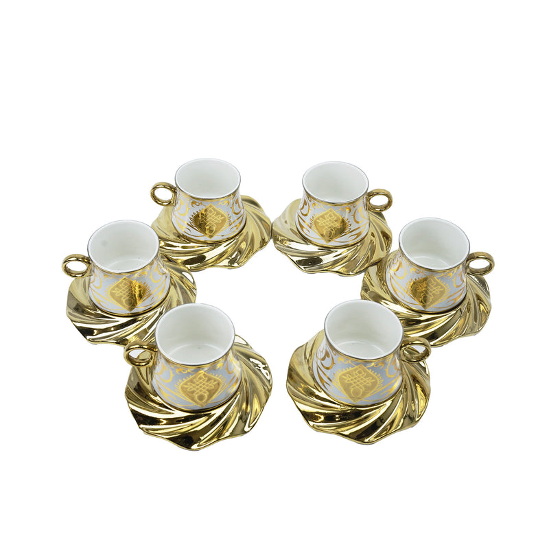 Set of 6 Ceramic Cups & Saucers - White & Gold Swirl Design (XJ503-7)