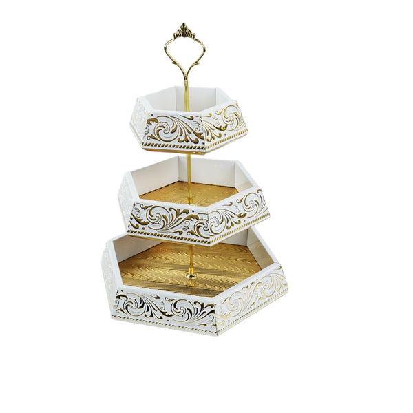 White and Gold Hexagon 3-Tier Wooden Stand (113-03)