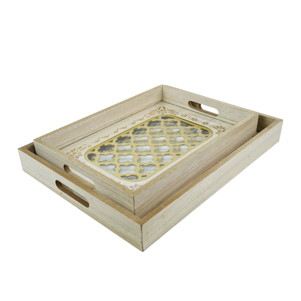Gold Wooden Inlay Iftar Serving Tray Set - 2pc Set (1122-12)