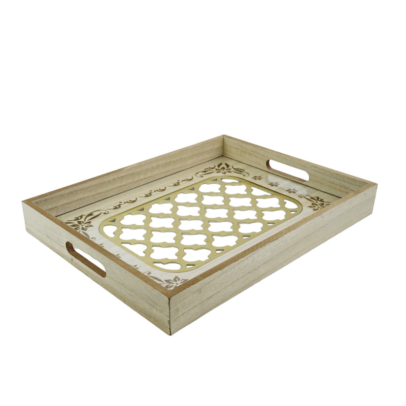 Gold Wooden Inlay Iftar Serving Tray Set - 2pc Set (1122-12)