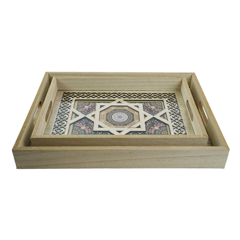 Set of 2 Colourful Floral Inlay Wooden Iftar Tray (113-03)