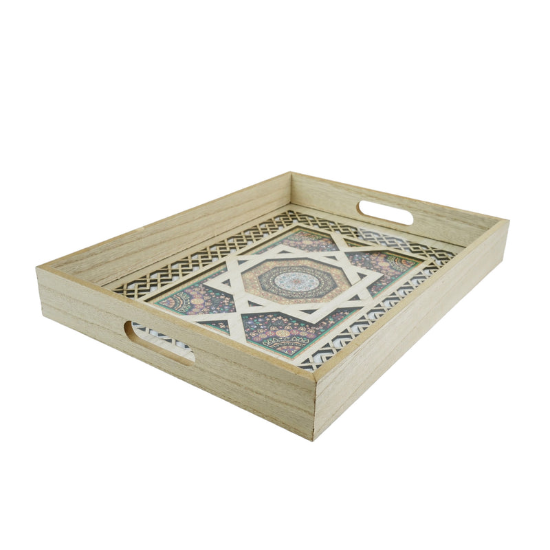 Set of 2 Colourful Floral Inlay Wooden Iftar Tray (113-03)