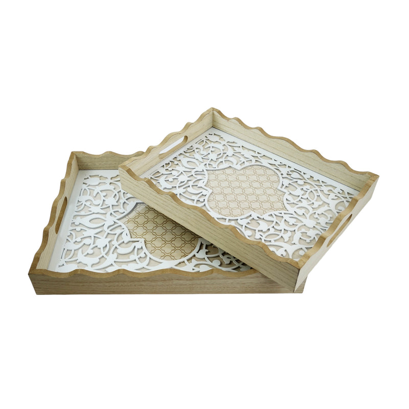 2pc Set Natural Oval Pointed Geometric Inlay Tray (113-41)