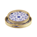 Set of 2  Round Wooden Serving Tray with Blue Floral Design (857-5)