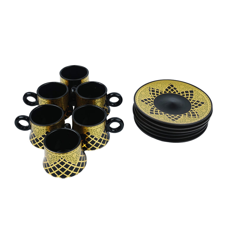 Set of 6 Ceramic Cups & Saucers - Black & Gold Diamond Pattern (RSY617)