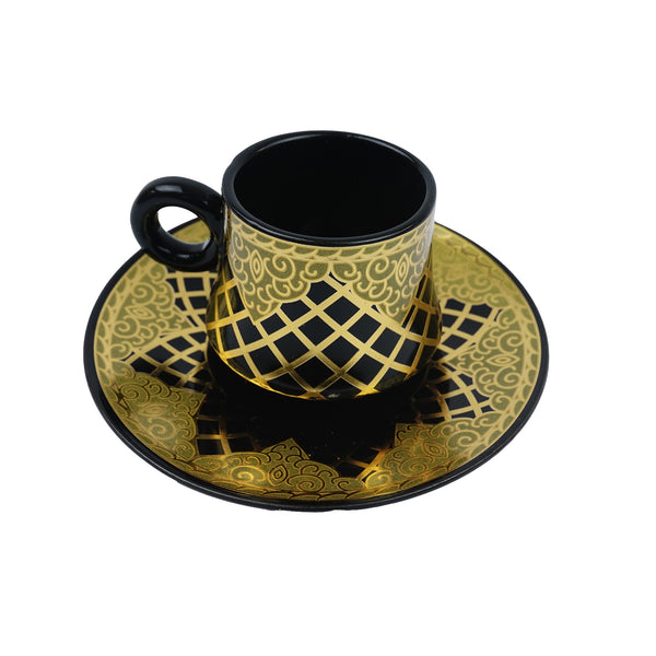Set of 6 Ceramic Cups & Saucers - Black & Gold Diamond Pattern (RSY617)