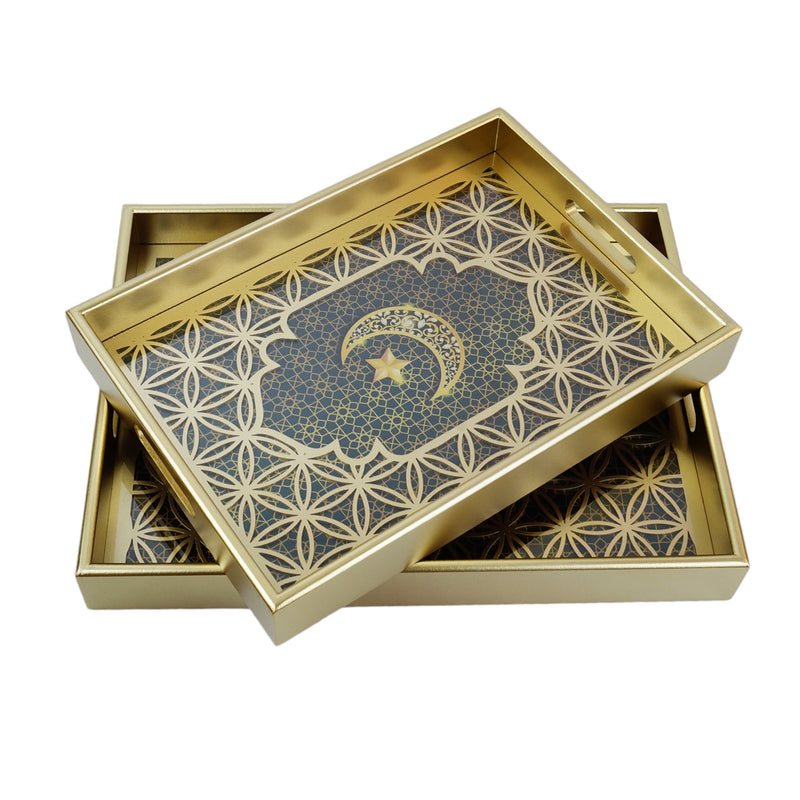 Set of 2 Golden Rectangle Wooden Geometric Arabesque Inlay Serving Trays (1938-3AB)