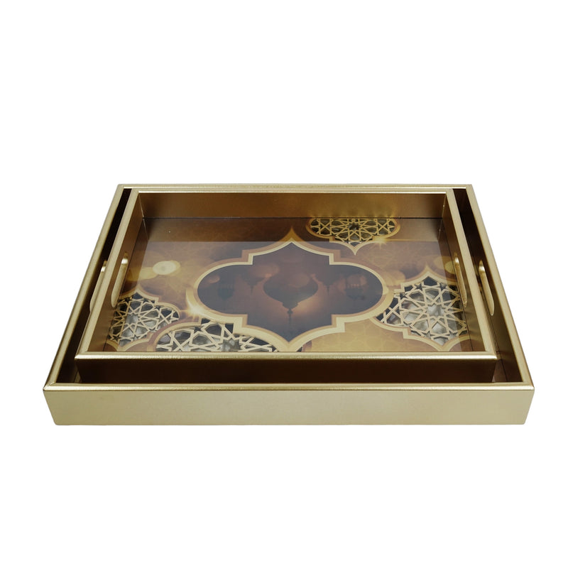 Set of 2 Gold Wooden Iftar Tray Set/Minaret Mosque With Geometric Star Cutout (1938-4AB)