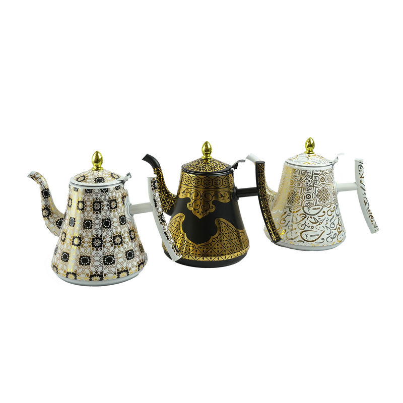 Metal Teapot White,Gold & Black With Geometric/Arabesque Print Detailing 2L