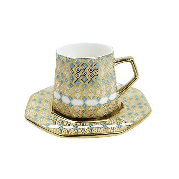 Set of 6 Ceramic Cups & Saucers  - Blue, Green, White & Gold Aztec Pattern (C24-4)