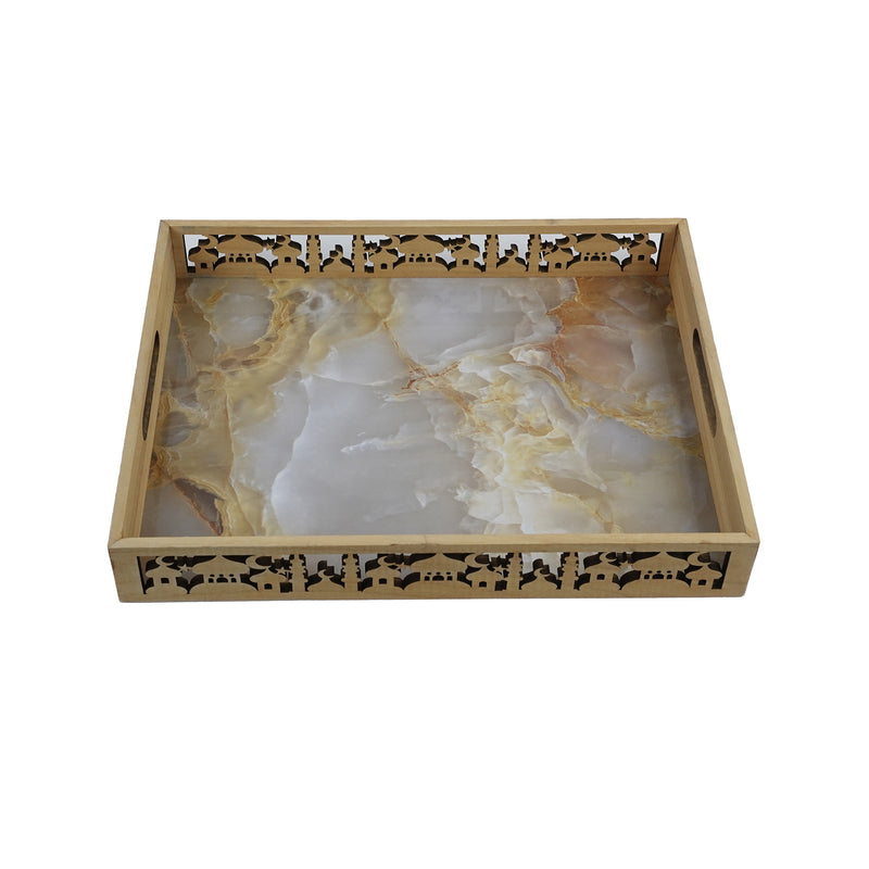Rectangle Wooden Marble Effect Natural Cut Out Tray (757-9)