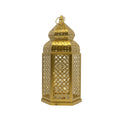 Brushed Gold Moroccan-Style Hexagonal LED Light Metal Lantern with Intricate Cutouts (24205-3)