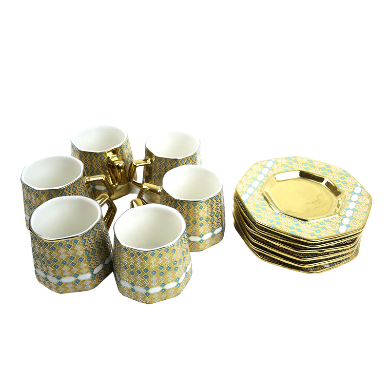 Set of 6 Ceramic Cups & Saucers  - Blue, Green, White & Gold Aztec Pattern (C24-4)