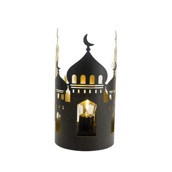 Matte Black and Gold Round Mosque Metal Lantern Table Centrepiece with LED (24573)
