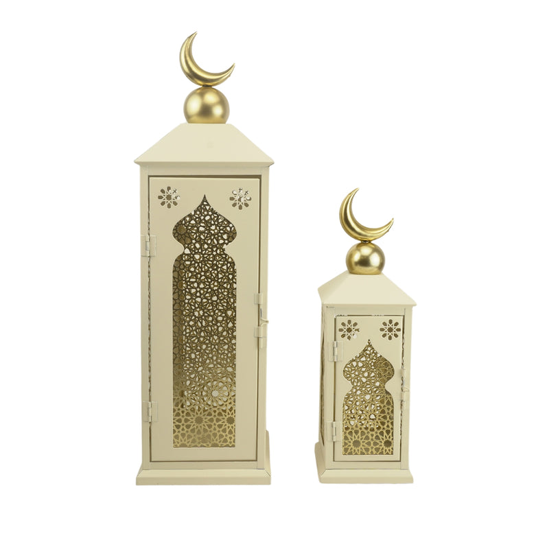 Set of 2 Cream Lanterns with Crescent Moon and Intricate Gold Geometric Design (24721-2)