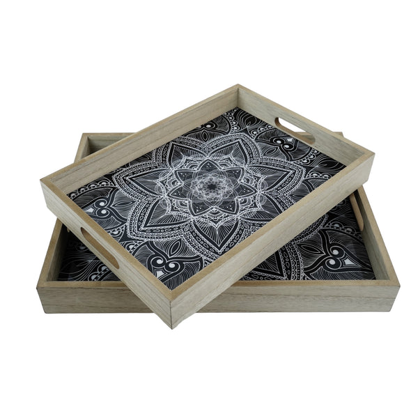 Set of 2 Black White Floral Graphic Spirograph Wooden Tray Set (2028-4AB)