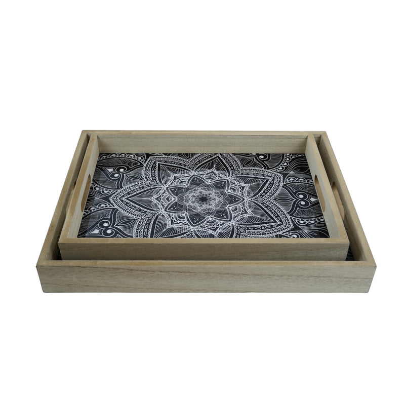 Set of 2 Black White Floral Graphic Spirograph Wooden Tray Set (2028-4AB)