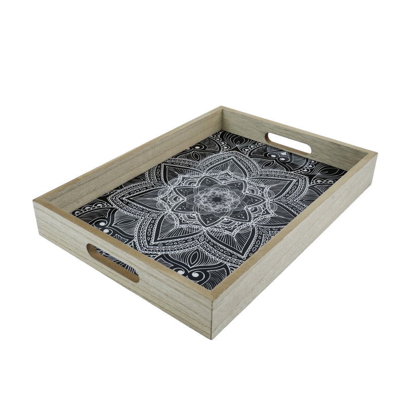 Set of 2 Black White Floral Graphic Spirograph Wooden Tray Set (2028-4AB)