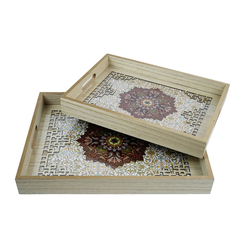 Set of 2 Colourful Floral Inlay Wooden Iftar Tray Set (2103-10AB)