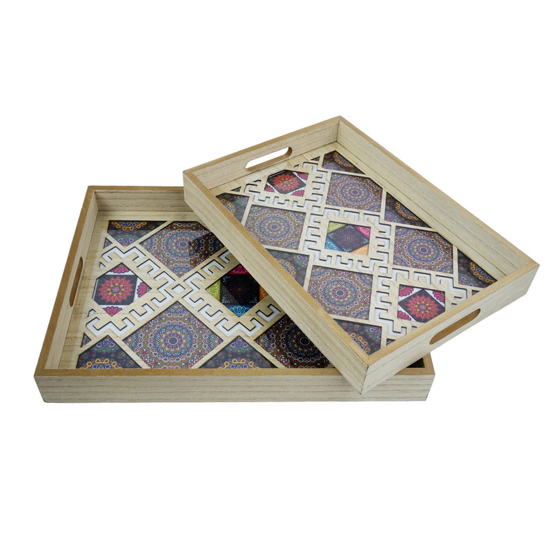 Set of 2 PURPLE Rectangular Wooden Geometric Inlay Pattern Iftar Serving Trays (2103-6AB)