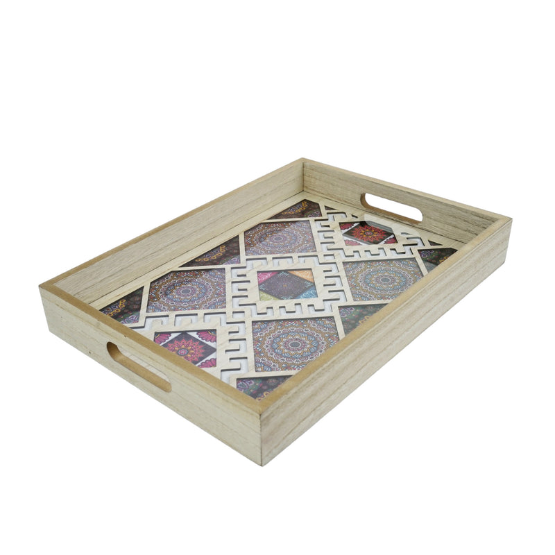 Set of 2 PURPLE Rectangular Wooden Geometric Inlay Pattern Iftar Serving Trays (2103-6AB)