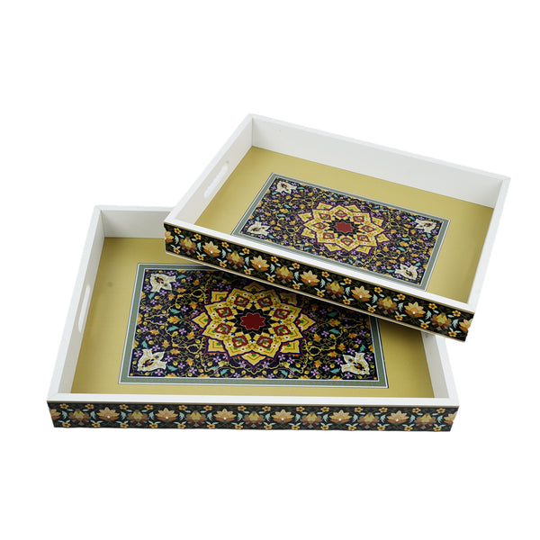 Set of 2 Colourful Floral Inlay Wooden Tray (2111-1AB)