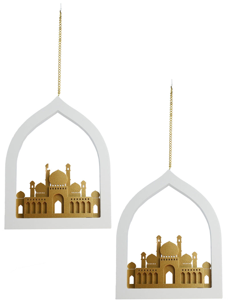 Set of 2 white/Gold 3D Wooden Window Minaret  Hanging Decorations (2116-WG)