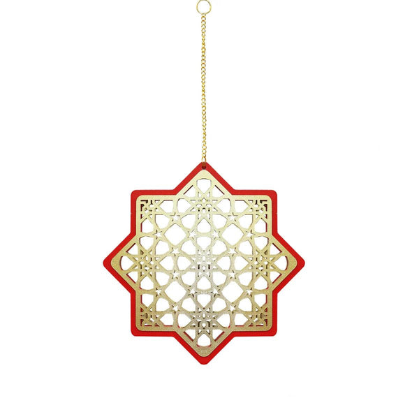 Wooden Ramadan & Eid Ornate Hanging Star Decorations - Gold / Red Outline