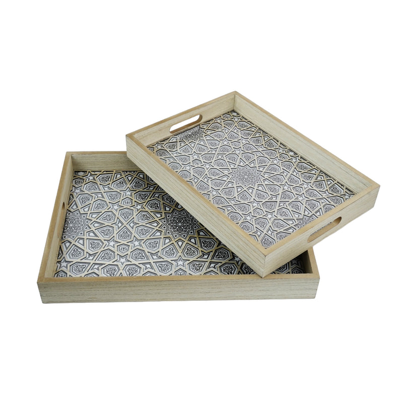 Set of 2 Rectangular Geometric Inlay Pattern Iftar Serving Trays (2307-1AB)
