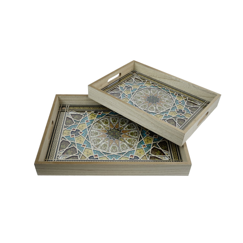 Set of 2 Rectangular Citrus Wooden Geometric Inlay Pattern Iftar Serving Trays (2307-4AB)